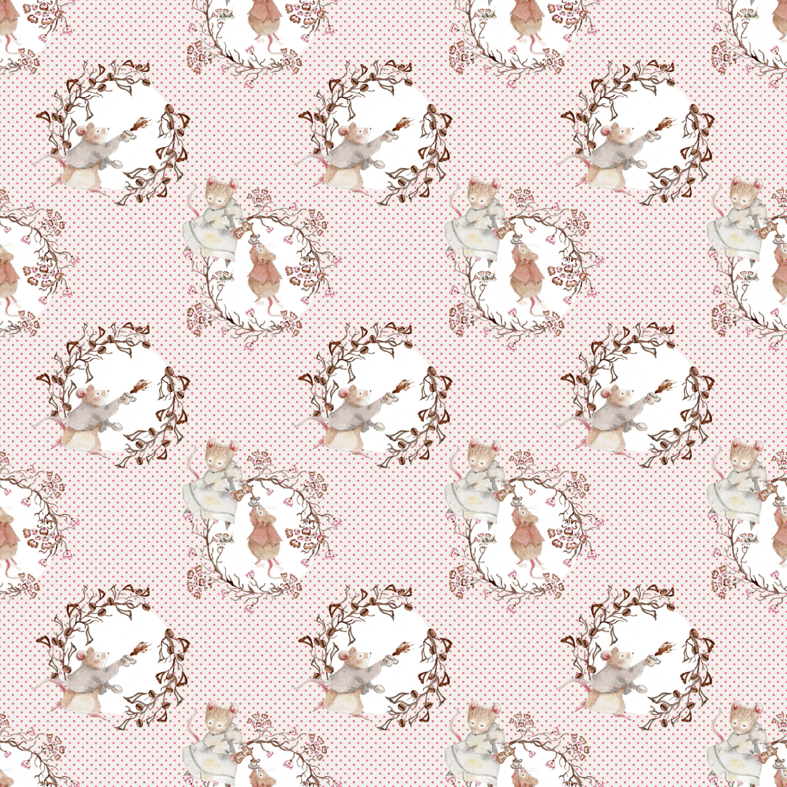 Stoffa Topini caffè pois rosa